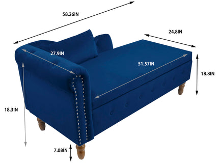 Chaise Lounge Indoor, Lounge Chair For Bedroom With Storage & Pillow, Modern Upholstered Rolled Arm Chase Lounge For Sleeping With Nailhead Trim For Living Room Bedroom Office