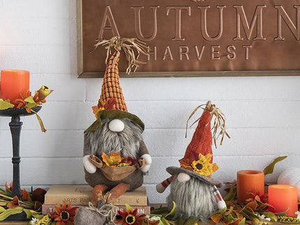 Sitting Gnome With Maple Leaf, For Holiday Harvest Festival Fall Festival & Thanksgiving Table Decorations (Set of 2) - Orange Multi