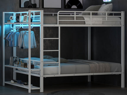 Bunk Bed With Storage Shelves, Clothes Hooks, LED Light