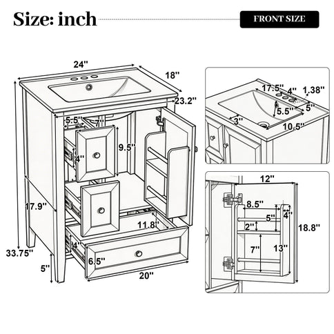 Modern Bathroom Vanity With Sink, Soft Close Drawers & Door, Storage Rack