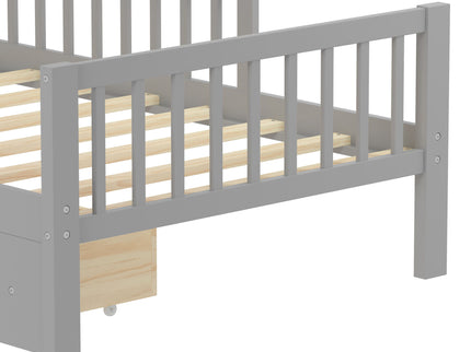 Bed With Headboard Storage Rack, 2 Under Bed Drawers, 3 Side Guardrails For Safety