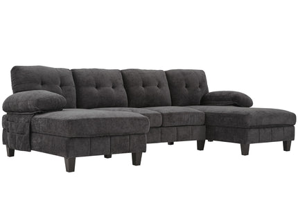 U-Shaped Sectional Sofa 103.5" Fabric Couch With Dual Chaise Lounges, Storage Pockets, Armrest Pillows