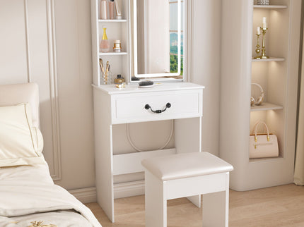 Modern Mini Dressing Table With Led-Lit Mirror & Hidden Storage, Adjustable Brightness Vanity Desk - White