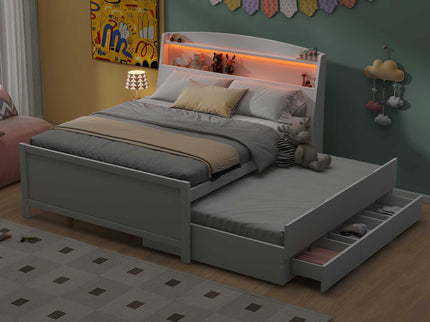 Full Size Platform Bed With Storage LED Headboard, Twin Trundle And 3 Drawers - White