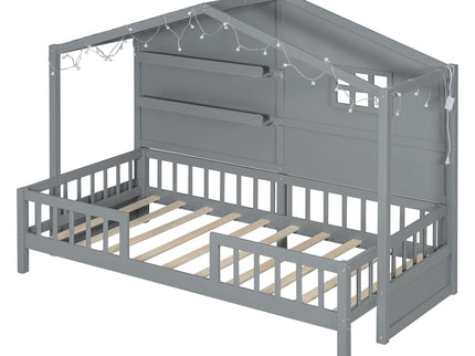 House Bed With Shelves, Window And Sparkling Light Strip On The Roof