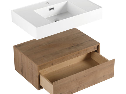 Modern Imitative Wall Mounted Bathroom Vanity With Resin Sink & 2 Side Cabinet, Soft Close Drawer - Imitative Oak