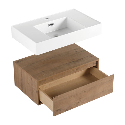 Modern Wall Mounted 30 Inch Bathroom Vanity With Resin Sink And 2 Side Cabinet In Imitative - Imitative Oak