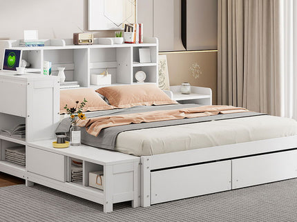 Platform Bed With Multi Functional Storage Space, Nightstand, 2 Drawers, USB Ports And Desk