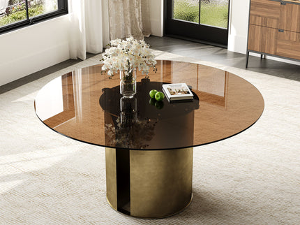 Round Dining Table With Glass Top, Kitchen And Living Room Furniture - Brown