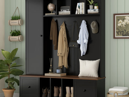Hall Tree With Shoe Storage Bench, Entryway Coat Rack With 5 Hooks