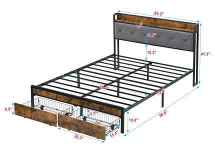 Modern Bed Frame With LED Lights, Upholstered Headboard, USB Charging