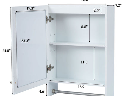3 In 1 Wall Mounted Bathroom Mirror Cabinet With Adjustable Shelf, Soft Close Door, Mirror & Towel Bar - White