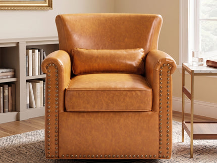 Swivel Accent Chair With Rolled Arm, Sewn Pillow Back, Nailhead Trim For Living Room