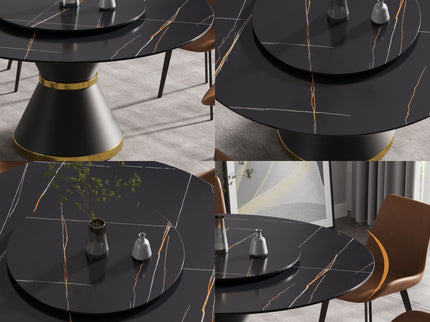 Modern Artificial Stone Round Carbon Steel Base Dining Table, Can Accommodate 6 People Artificial Stone Turntable - Black