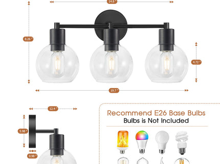 3 Light Globe Bathroom Vanity Light With Clear Glass Shades - Black