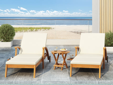Versatile Chaise Lounge With Wheels Acacia Wood Recliner For Patio - Cream