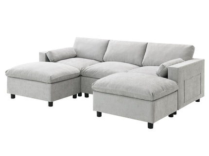 Modular Sectional With Storage Pockets, 5 Seat U Shaped Couch Set With Pillows, Free Combination Modern Cloud Sofa With 2 Movable Ottoman