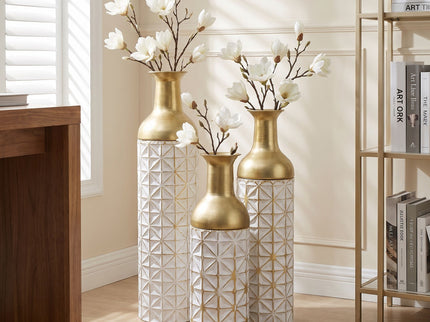 Tall Textured Geometric Decorative Floor Vases Home Decor (Set of 3) - White / Gold