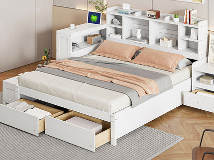 Platform Bed With Multi Functional Storage Space, Nightstand, 2 Drawers, USB Ports And Desk
