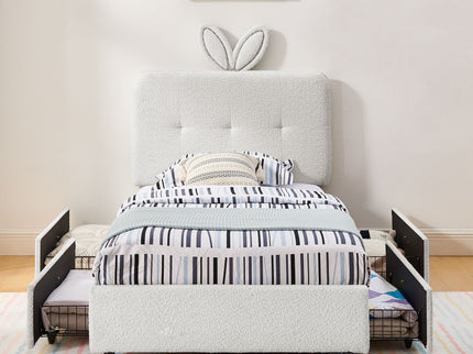 Upholstered Bed With Oversized Rabbit Ear Headboard, LED Lights & 4 Storage Drawers