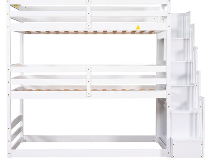 Twin Size Triple Bunk Bed With Storage Staircase, Separate Design - White