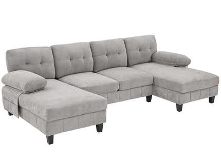 U-Shaped Sectional Sofa 103.5" Fabric Couch With Dual Chaise Lounges, Storage Pockets, Armrest Pillows