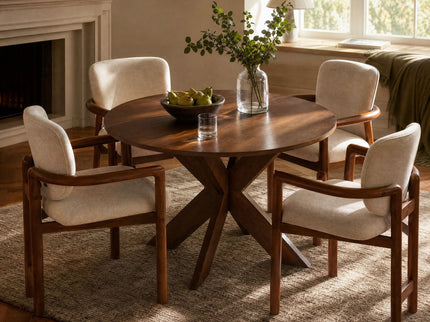 5 Piece Indoor Dining Set, Round Table & 4 Brown Arm Chairs - Beige / Brown / Cherry