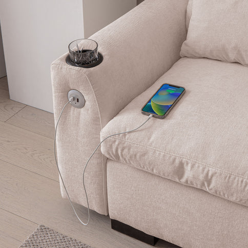 Modern Modular L Shaped Sofa Couch Reversible Ottoman With Storage Removable And Washable Cushions Sofa With USB Ports & Cup Holder For Living Room