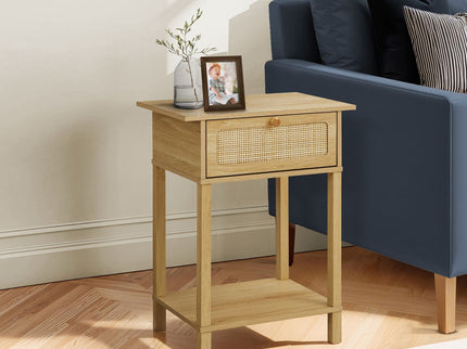 Accent Table With Storage Drawer, 2 Tier Nightstand For Living Room - Natural
