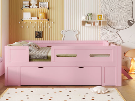 Platform Bed With Guardrail And Drawer