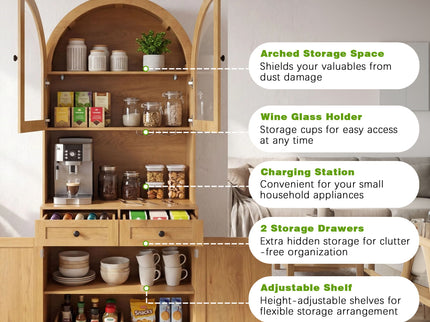 Tall Arched Pantry Cabinet With Charging Station, Adjustable Shelves, Coffee Bar