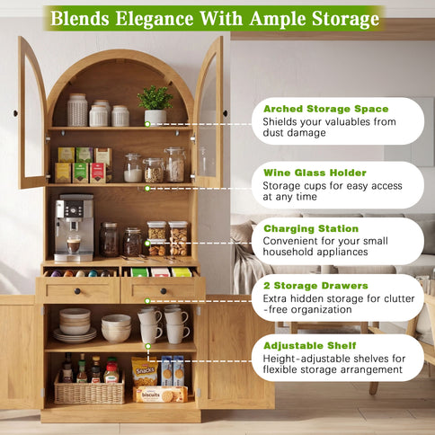 Tall Arched Pantry Cabinet With Charging Station, Adjustable Shelves, Coffee Bar