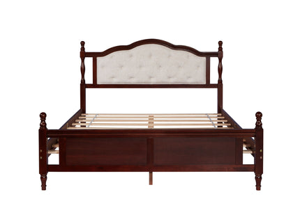 Pine Wooden Bed With Upholstered Headboard And Panel Footboard, With Two Bed Rail Support Feet And Central Platform Support Feet
