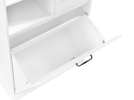 Modern Tall Storage Cabinet With Adjustable Shelves, Flip-Out Basket & Enclosed Doors