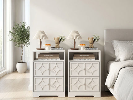 Nightstand With Diamond Carvings Handles, 2 Drawers & Charging Station