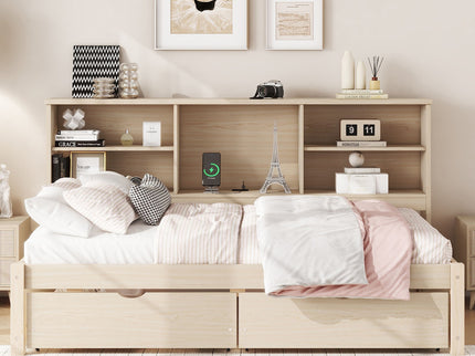 Bed Frame With Side Bookshelves, 2 Drawers, And Built In USB Port