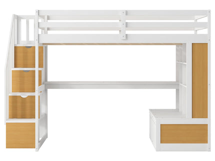 Full Size Loft Bed With Desk And Shelves, 2 Built In Drawers, Storage Staircase - Natural / White