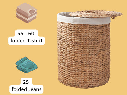 Round Tall Water Hyacinth Woven Wicker Laundry Hamper With Lid - For Clothes, Toys And Book Storage With Removable Liner - 15" X 15" X 20" - Natural Brown