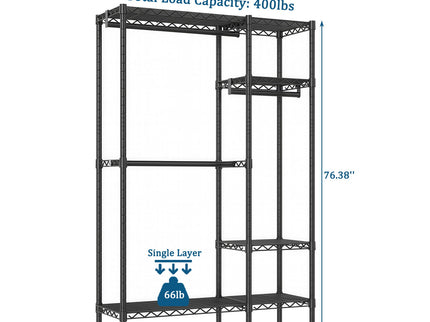 Freestanding Clothes Rack, With 6 Adjustable Wire Shelves And 3 Garment Rails - Black