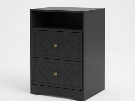 Nightstand With Diamond Carvings Handles, 2 Drawers & Charging Station
