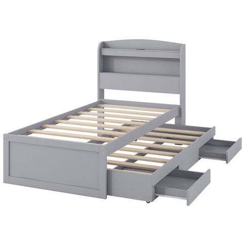 Platform Bed With LED Headboard, Charging Station, Trundle And 2 Drawers