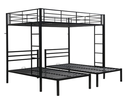 Modern Metal Triple Bunk Bed With Vertical Ladder, Safety Rail, And Storage Shelf - Black