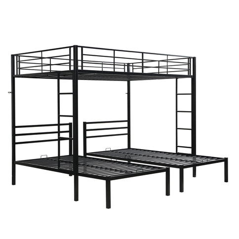 Modern Metal Triple Bunk Bed With Vertical Ladder, Safety Rail, And Storage Shelf - Black