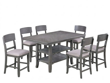 7 Piece Counter Height Dining Set With Storage Shelves, Table & 6 High Chairs - Gray