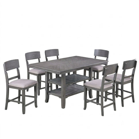 7 Piece Counter Height Dining Set With Storage Shelves, Table & 6 High Chairs - Gray