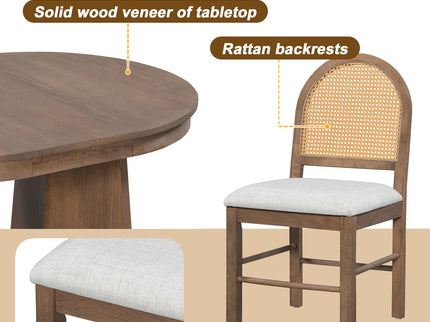 Extendable Round Dining Table Set For 4 With 4 Upholstered Chairs - Beige / Walnut