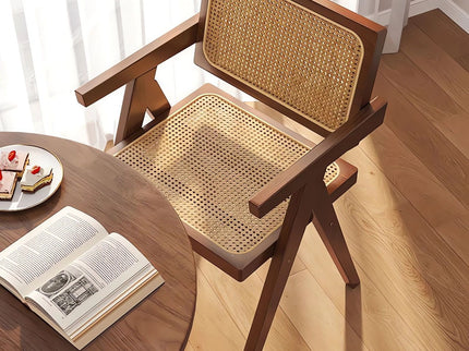 Modern Mid Century Dining Chairs (Set of 2), Rattan Accent Chairs, Comfy Armchairs, Outdoor Wood Chairs With Armrest - Walnut