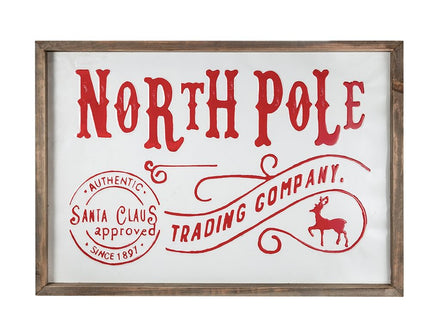 Iron / Wood North Pole Trading Company Wall Sign, For Christmas Holiday Table Wall Decor - White / Red