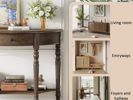 Half Moon Console Table With Drawer & Shelf For Living Room - Walnut