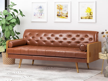 Adelaide - Mid Century Modern Tufted Sofa With Rolled Accent Pillows - Light Brown